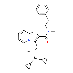 ChemSpider 2D Image | 3-{[(Dicyclopropylmethyl)(methyl)amino]methyl}-N,8-dimethyl-N-(2-phenylethyl)imidazo[1,2-a]pyridine-2-carboxamide | C27H34N4O