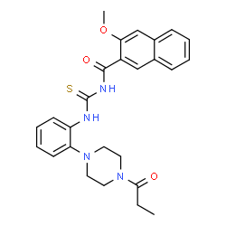 ChemSpider 2D Image | 3-Methoxy-N-{[2-(4-propionyl-1-piperazinyl)phenyl]carbamothioyl}-2-naphthamide | C26H28N4O3S