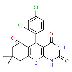 ChemSpider 2D Image | 5-(2,4-Dichlorophenyl)-8,8-dimethyl-5,8,9,10-tetrahydropyrimido[4,5-b]quinoline-2,4,6(1H,3H,7H)-trione | C19H17Cl2N3O3
