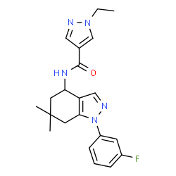 ChemSpider 2D Image | 1-Ethyl-N-[1-(3-fluorophenyl)-6,6-dimethyl-4,5,6,7-tetrahydro-1H-indazol-4-yl]-1H-pyrazole-4-carboxamide | C21H24FN5O