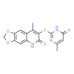 ChemSpider 2D Image | 8-Methyl-7-[(4-methyl-6-oxo-1,6-dihydro-2-pyrimidinyl)sulfanyl][1,3]dioxolo[4,5-g]quinolin-6(5H)-one | C16H13N3O4S