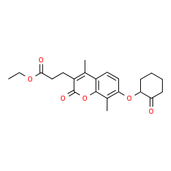 ChemSpider 2D Image | Ethyl 3-{4,8-dimethyl-2-oxo-7-[(2-oxocyclohexyl)oxy]-2H-chromen-3-yl}propanoate | C22H26O6