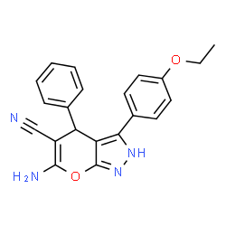 ChemSpider 2D Image | 6-Amino-3-(4-ethoxyphenyl)-4-phenyl-2,4-dihydropyrano[2,3-c]pyrazole-5-carbonitrile | C21H18N4O2