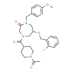 ChemSpider 2D Image | 4-[(1-Acetyl-4-piperidinyl)carbonyl]-6-[(2-fluorobenzyl)oxy]-1-(4-methoxybenzyl)-1,4-diazepan-2-one | C28H34FN3O5