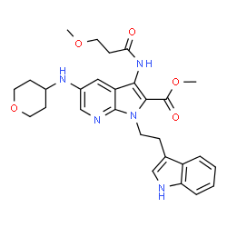 ChemSpider 2D Image | Methyl 1-[2-(1H-indol-3-yl)ethyl]-3-[(3-methoxypropanoyl)amino]-5-(tetrahydro-2H-pyran-4-ylamino)-1H-pyrrolo[2,3-b]pyridine-2-carboxylate | C28H33N5O5