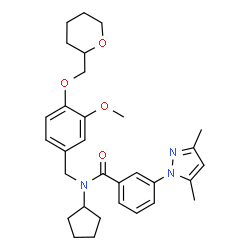 ChemSpider 2D Image | N-Cyclopentyl-3-(3,5-dimethyl-1H-pyrazol-1-yl)-N-[3-methoxy-4-(tetrahydro-2H-pyran-2-ylmethoxy)benzyl]benzamide | C31H39N3O4