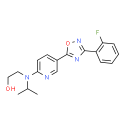 ChemSpider 2D Image | 2-[{5-[3-(2-Fluorophenyl)-1,2,4-oxadiazol-5-yl]-2-pyridinyl}(isopropyl)amino]ethanol | C18H19FN4O2