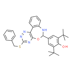 ChemSpider 2D Image | 4-[3-(Benzylsulfanyl)-6,7-dihydro[1,2,4]triazino[5,6-d][3,1]benzoxazepin-6-yl]-2,6-bis(2-methyl-2-propanyl)phenol | C31H34N4O2S