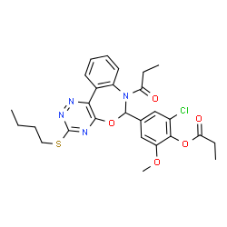 ChemSpider 2D Image | 4-[3-(Butylsulfanyl)-7-propionyl-6,7-dihydro[1,2,4]triazino[5,6-d][3,1]benzoxazepin-6-yl]-2-chloro-6-methoxyphenyl propionate | C27H29ClN4O5S