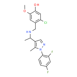 ChemSpider 2D Image | 5-Chloro-4-[({1-[1-(2,4-difluorophenyl)-5-methyl-1H-pyrazol-4-yl]ethyl}amino)methyl]-2-methoxyphenol | C20H20ClF2N3O2