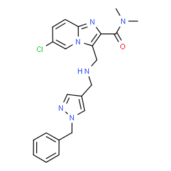 ChemSpider 2D Image | 3-({[(1-Benzyl-1H-pyrazol-4-yl)methyl]amino}methyl)-6-chloro-N,N-dimethylimidazo[1,2-a]pyridine-2-carboxamide | C22H23ClN6O