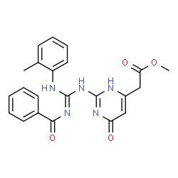 ChemSpider 2D Image | Methyl {2-[N''-benzoyl-N'-(2-methylphenyl)carbamimidamido]-6-oxo-3,6-dihydropyrimidin-4-yl}acetate | C22H21N5O4