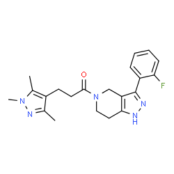 ChemSpider 2D Image | 1-[3-(2-Fluorophenyl)-1,4,6,7-tetrahydro-5H-pyrazolo[4,3-c]pyridin-5-yl]-3-(1,3,5-trimethyl-1H-pyrazol-4-yl)-1-propanone | C21H24FN5O