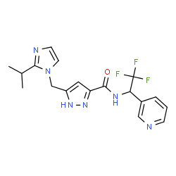 ChemSpider 2D Image | 5-[(2-Isopropyl-1H-imidazol-1-yl)methyl]-N-[2,2,2-trifluoro-1-(3-pyridinyl)ethyl]-1H-pyrazole-3-carboxamide | C18H19F3N6O