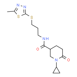ChemSpider 2D Image | 1-Cyclopropyl-N-{3-[(5-methyl-1,3,4-thiadiazol-2-yl)sulfanyl]propyl}-6-oxo-3-piperidinecarboxamide | C15H22N4O2S2