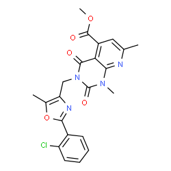 ChemSpider 2D Image | Methyl 3-{[2-(2-chlorophenyl)-5-methyl-1,3-oxazol-4-yl]methyl}-1,7-dimethyl-2,4-dioxo-1,2,3,4-tetrahydropyrido[2,3-d]pyrimidine-5-carboxylate | C22H19ClN4O5