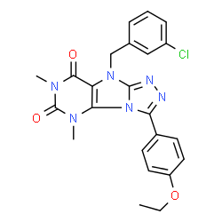 ChemSpider 2D Image | 9-(3-Chlorobenzyl)-3-(4-ethoxyphenyl)-5,7-dimethyl-5,9-dihydro-6H-[1,2,4]triazolo[4,3-e]purine-6,8(7H)-dione | C23H21ClN6O3