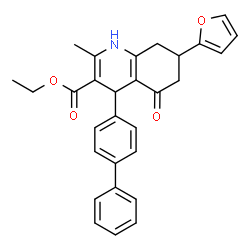 ChemSpider 2D Image | Ethyl 4-(4-biphenylyl)-7-(2-furyl)-2-methyl-5-oxo-1,4,5,6,7,8-hexahydro-3-quinolinecarboxylate | C29H27NO4