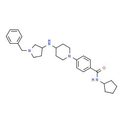 ChemSpider 2D Image | 4-{4-[(1-Benzyl-3-pyrrolidinyl)amino]-1-piperidinyl}-N-cyclopentylbenzamide | C28H38N4O