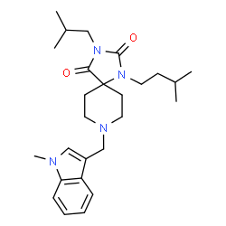 ChemSpider 2D Image | 3-Isobutyl-1-(3-methylbutyl)-8-[(1-methyl-1H-indol-3-yl)methyl]-1,3,8-triazaspiro[4.5]decane-2,4-dione | C26H38N4O2