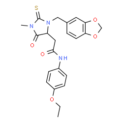 ChemSpider 2D Image | 2-[3-(1,3-Benzodioxol-5-ylmethyl)-1-methyl-5-oxo-2-thioxo-4-imidazolidinyl]-N-(4-ethoxyphenyl)acetamide | C22H23N3O5S