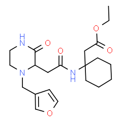 ChemSpider 2D Image | Ethyl [1-({[1-(3-furylmethyl)-3-oxo-2-piperazinyl]acetyl}amino)cyclohexyl]acetate | C21H31N3O5
