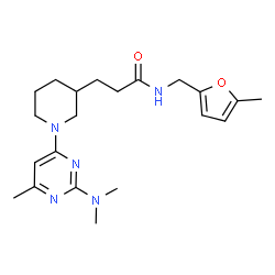 ChemSpider 2D Image | 3-{1-[2-(Dimethylamino)-6-methyl-4-pyrimidinyl]-3-piperidinyl}-N-[(5-methyl-2-furyl)methyl]propanamide | C21H31N5O2