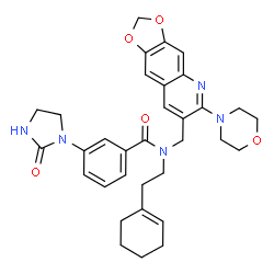 ChemSpider 2D Image | N-[2-(1-Cyclohexen-1-yl)ethyl]-N-{[6-(4-morpholinyl)[1,3]dioxolo[4,5-g]quinolin-7-yl]methyl}-3-(2-oxo-1-imidazolidinyl)benzamide | C33H37N5O5