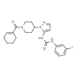 ChemSpider 2D Image | 1-{1-[1-(1-Cyclohexen-1-ylcarbonyl)-4-piperidinyl]-1H-pyrazol-5-yl}-3-(3-fluorophenyl)urea | C22H26FN5O2