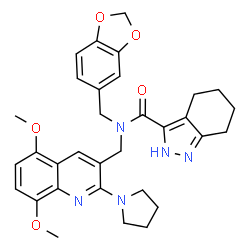 ChemSpider 2D Image | N-(1,3-Benzodioxol-5-ylmethyl)-N-{[5,8-dimethoxy-2-(1-pyrrolidinyl)-3-quinolinyl]methyl}-4,5,6,7-tetrahydro-2H-indazole-3-carboxamide | C32H35N5O5