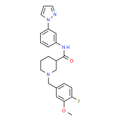 ChemSpider 2D Image | 1-(4-Fluoro-3-methoxybenzyl)-N-[3-(1H-pyrazol-1-yl)phenyl]-3-piperidinecarboxamide | C23H25FN4O2