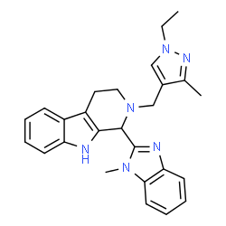 ChemSpider 2D Image | 2-[(1-Ethyl-3-methyl-1H-pyrazol-4-yl)methyl]-1-(1-methyl-1H-benzimidazol-2-yl)-2,3,4,9-tetrahydro-1H-beta-carboline | C26H28N6