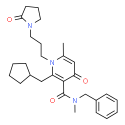 ChemSpider 2D Image | N-Benzyl-2-(cyclopentylmethyl)-N,6-dimethyl-4-oxo-1-[3-(2-oxo-1-pyrrolidinyl)propyl]-1,4-dihydro-3-pyridinecarboxamide | C28H37N3O3
