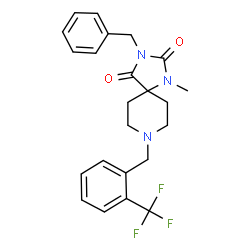 ChemSpider 2D Image | 3-Benzyl-1-methyl-8-[2-(trifluoromethyl)benzyl]-1,3,8-triazaspiro[4.5]decane-2,4-dione | C23H24F3N3O2