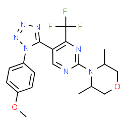 ChemSpider 2D Image | 4-{5-[1-(4-Methoxyphenyl)-1H-tetrazol-5-yl]-4-(trifluoromethyl)-2-pyrimidinyl}-3,5-dimethylmorpholine | C19H20F3N7O2