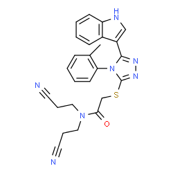 ChemSpider 2D Image | N,N-Bis(2-cyanoethyl)-2-{[5-(1H-indol-3-yl)-4-(2-methylphenyl)-4H-1,2,4-triazol-3-yl]sulfanyl}acetamide | C25H23N7OS