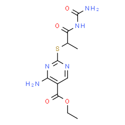 ChemSpider 2D Image | ethyl 4-amino-2-(1-methyl-2-oxo-2-ureido-ethyl)sulfanyl-pyrimidine-5-carboxylate | C11H15N5O4S