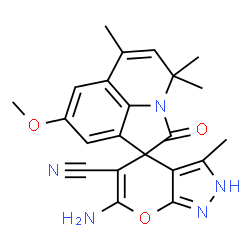 ChemSpider 2D Image | 6-Amino-8'-methoxy-3,4',4',6'-tetramethyl-2'-oxo-2H,4'H-spiro[pyrano[2,3-c]pyrazole-4,1'-pyrrolo[3,2,1-ij]quinoline]-5-carbonitrile | C22H21N5O3