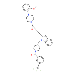 ChemSpider 2D Image | [4-(2-Methoxyphenyl)-1-piperazinyl][1-({1-[3-(trifluoromethyl)benzoyl]-4-piperidinyl}methyl)-1H-indol-2-yl]methanone | C34H35F3N4O3