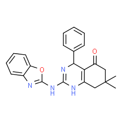 ChemSpider 2D Image | 2-(1,3-Benzoxazol-2-ylamino)-7,7-dimethyl-4-phenyl-4,6,7,8-tetrahydro-5(1H)-quinazolinone | C23H22N4O2