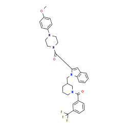 ChemSpider 2D Image | [4-(4-Methoxyphenyl)-1-piperazinyl][1-({1-[3-(trifluoromethyl)benzoyl]-3-piperidinyl}methyl)-1H-indol-2-yl]methanone | C34H35F3N4O3