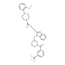 ChemSpider 2D Image | [4-(2-Methoxyphenyl)-1-piperazinyl][1-({1-[3-(trifluoromethyl)benzoyl]-3-piperidinyl}methyl)-1H-indol-2-yl]methanone | C34H35F3N4O3
