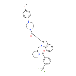 ChemSpider 2D Image | [4-(4-Methoxyphenyl)-1-piperazinyl][1-({1-[3-(trifluoromethyl)benzoyl]-2-piperidinyl}methyl)-1H-indol-2-yl]methanone | C34H35F3N4O3
