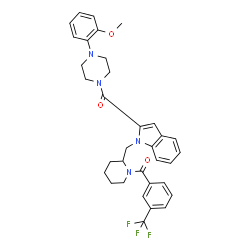 ChemSpider 2D Image | [4-(2-Methoxyphenyl)-1-piperazinyl][1-({1-[3-(trifluoromethyl)benzoyl]-2-piperidinyl}methyl)-1H-indol-2-yl]methanone | C34H35F3N4O3