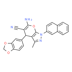 ChemSpider 2D Image | 6-Amino-4-(1,3-benzodioxol-5-yl)-3-methyl-1-(2-naphthyl)-1,4-dihydropyrano[2,3-c]pyrazole-5-carbonitrile | C25H18N4O3