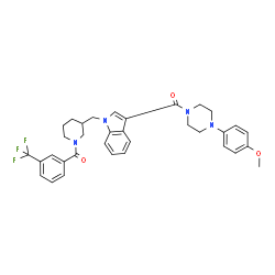 ChemSpider 2D Image | [4-(4-Methoxyphenyl)-1-piperazinyl][1-({1-[3-(trifluoromethyl)benzoyl]-3-piperidinyl}methyl)-1H-indol-3-yl]methanone | C34H35F3N4O3