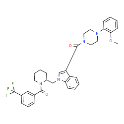 ChemSpider 2D Image | [4-(2-Methoxyphenyl)-1-piperazinyl][1-({1-[3-(trifluoromethyl)benzoyl]-2-piperidinyl}methyl)-1H-indol-3-yl]methanone | C34H35F3N4O3