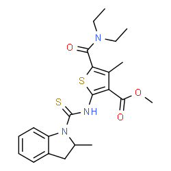 ChemSpider 2D Image | Methyl 5-(diethylcarbamoyl)-4-methyl-2-{[(2-methyl-2,3-dihydro-1H-indol-1-yl)carbothioyl]amino}thiophene-3-carboxylate | C22H27N3O3S2