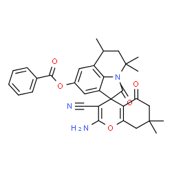 ChemSpider 2D Image | 2-Amino-3-cyano-4',4',6',7,7-pentamethyl-2',5-dioxo-5,5',6,6',7,8-hexahydro-4'H-spiro[chromene-4,1'-pyrrolo[3,2,1-ij]quinolin]-8'-yl benzoate | C32H31N3O5