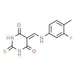 ChemSpider 2D Image | 5-{[(3-Fluoro-4-methylphenyl)amino]methylene}-2-thioxodihydro-4,6(1H,5H)-pyrimidinedione | C12H10FN3O2S